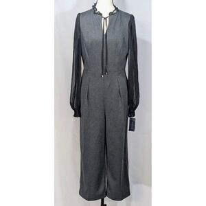 Tommy Hilfiger NWT Gray Herringbone Jumpsuit Sheer Sleeve Ruffle Neck Size 6